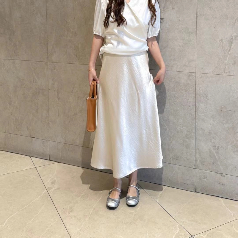 小个子定制缎面松紧腰半身裙高腰薄款气质优质百搭显瘦垂感长裙