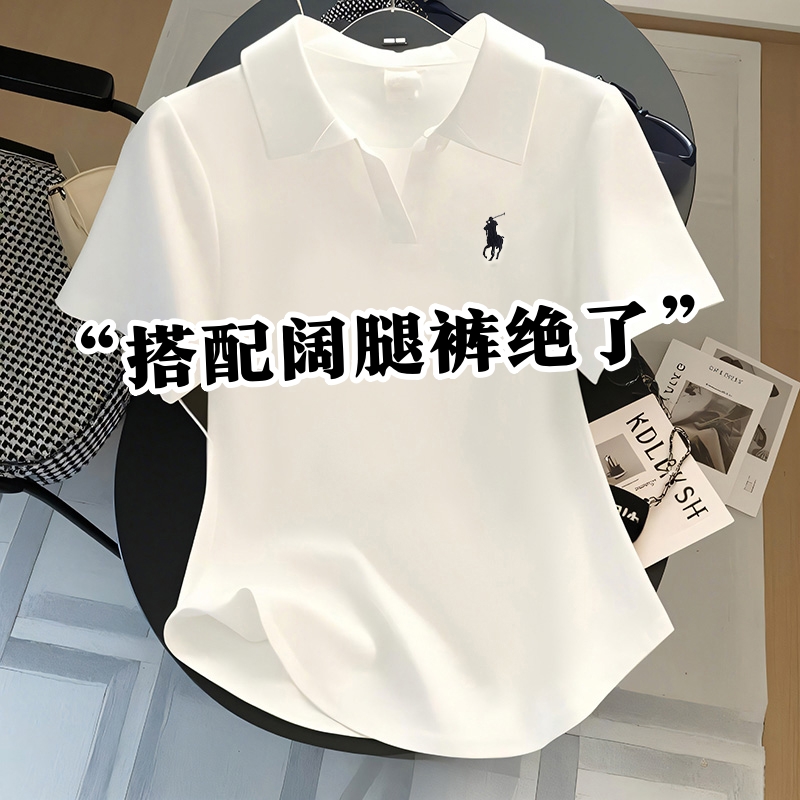 欧货POLO领正肩短袖T恤女2025新款小马刺绣修身打底衫短款上衣ins