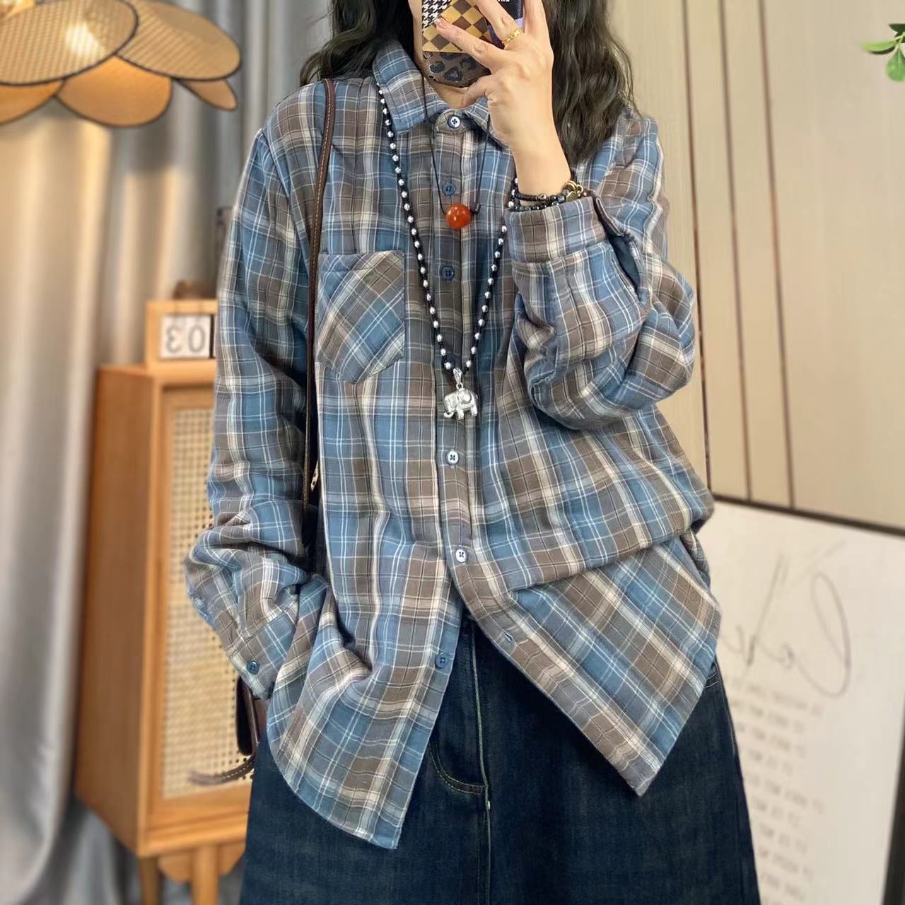 欣欣 冬季新款格子加棉衬衫女文艺休闲宽松夹棉衬衣棉服