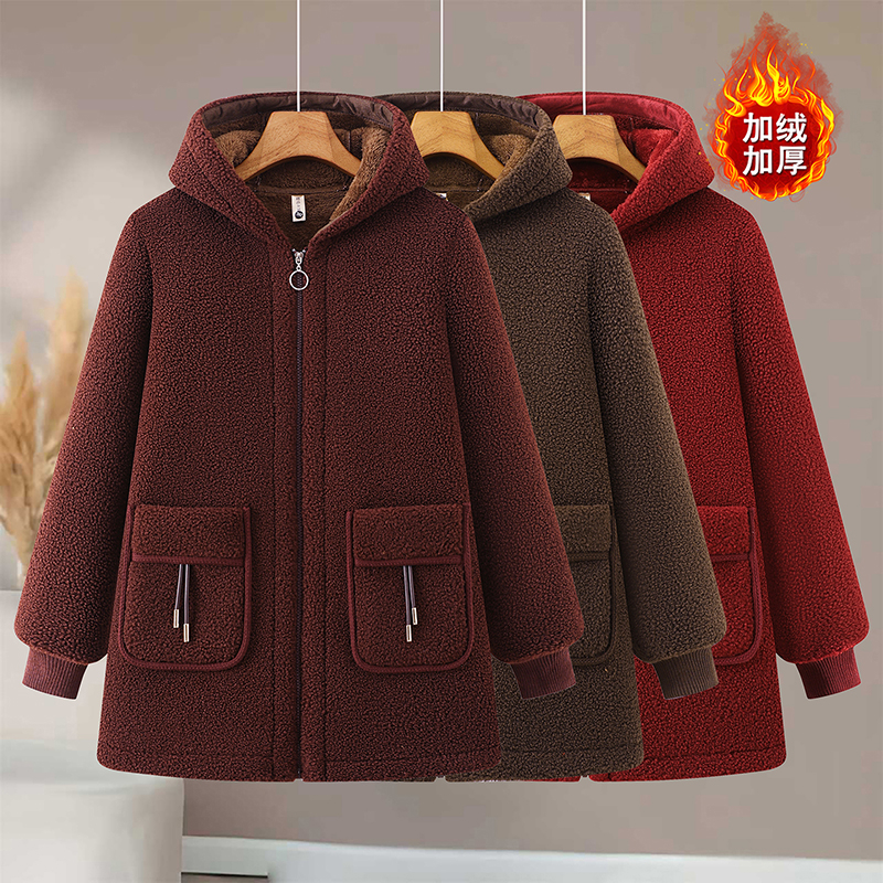 妈妈冬装连帽加绒加厚颗粒绒棉服外套2025中老年女装大码保暖棉袄