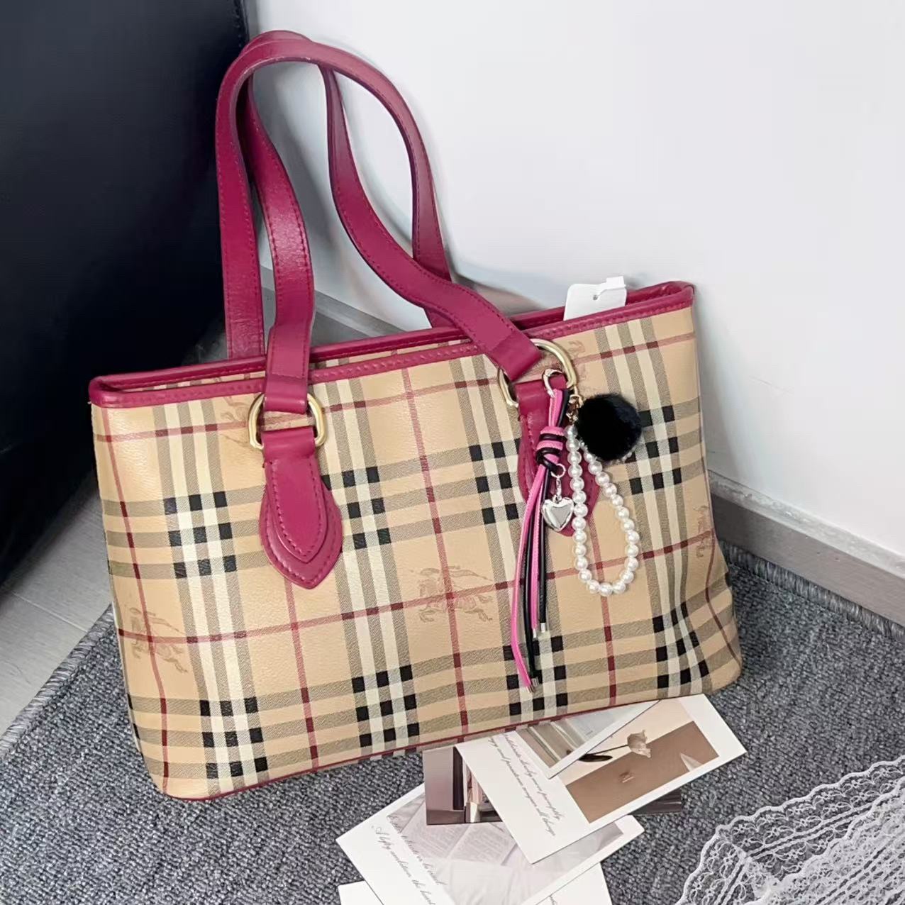 95新 BURBERRY/博柏利 巴宝莉红色包包手提/95新托特包经典中古女