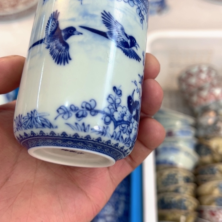 瓷片白青花喜上眉梢直筒杯可乐