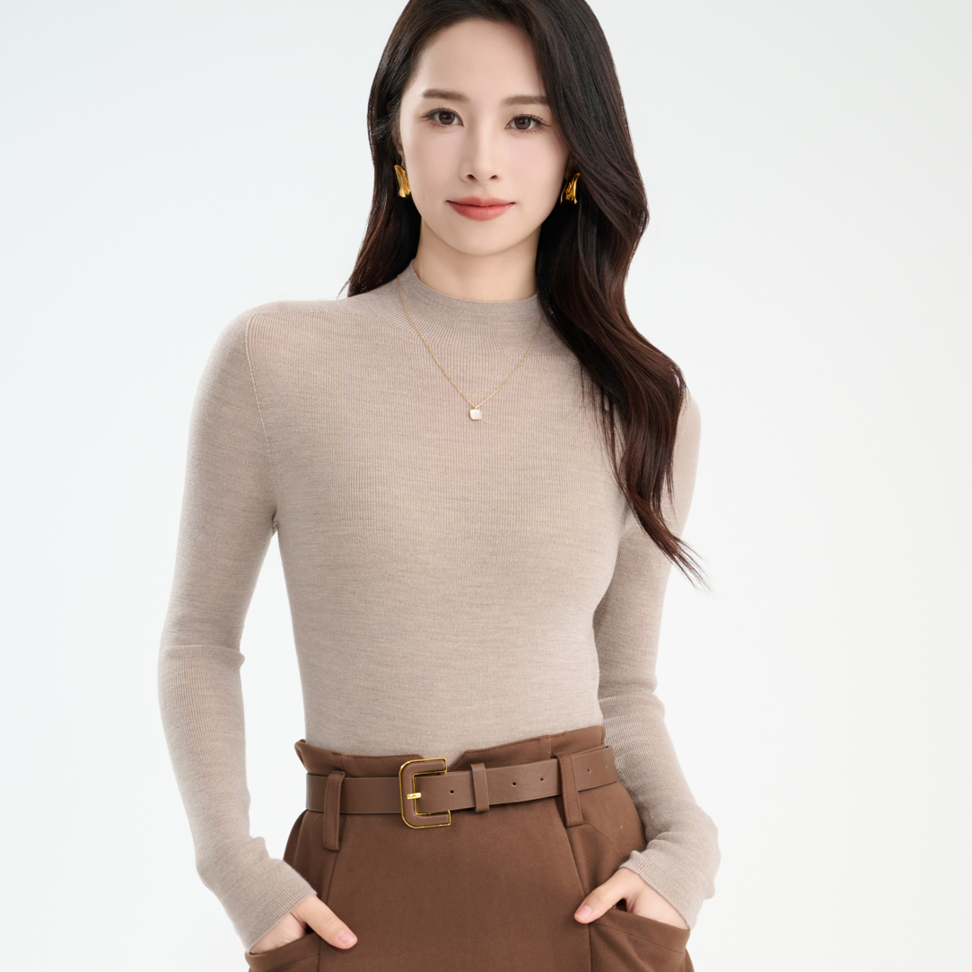 100%精纺羊毛修身内搭打底针织半高领百搭纯色秋冬长袖羊毛衫