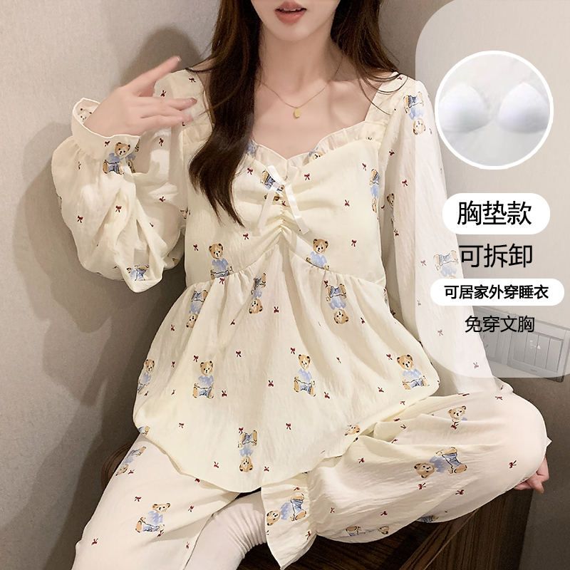 长袖睡衣女款春秋季薄款带胸垫公主风卡通女士家居服套装9311