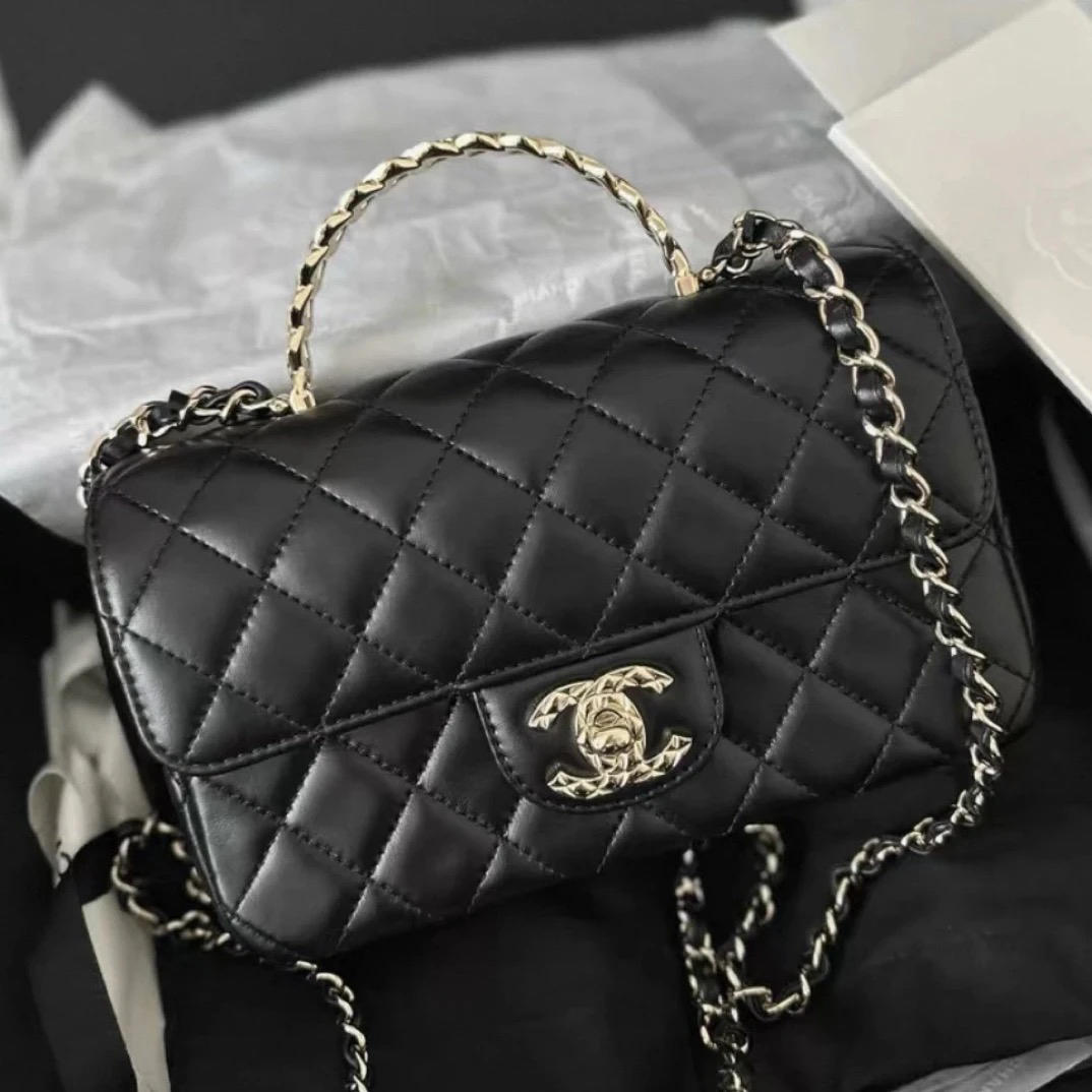 未使用 Chanel/香奈儿 24a黑色麦穗手柄CFmini 芯片款 手提斜挎包