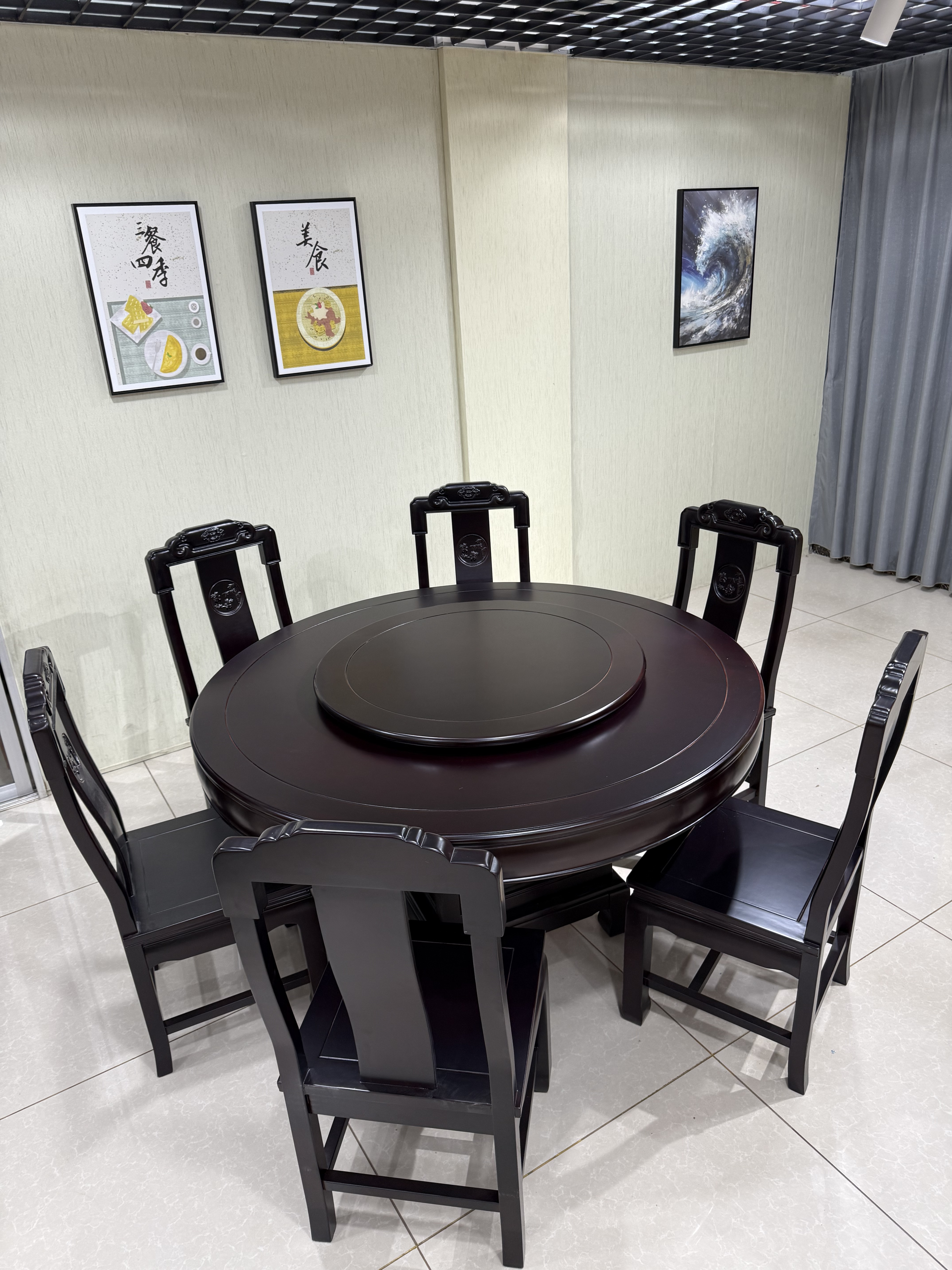 新款全实木圆桌紫檀木家用桌子饭桌餐桌椅组合带实木转盘椅