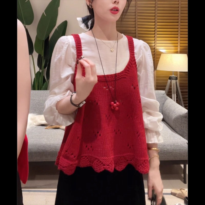 X韩系甜美叠穿上衣女2025秋季新款喇叭袖长袖衬衫针织背心两件套