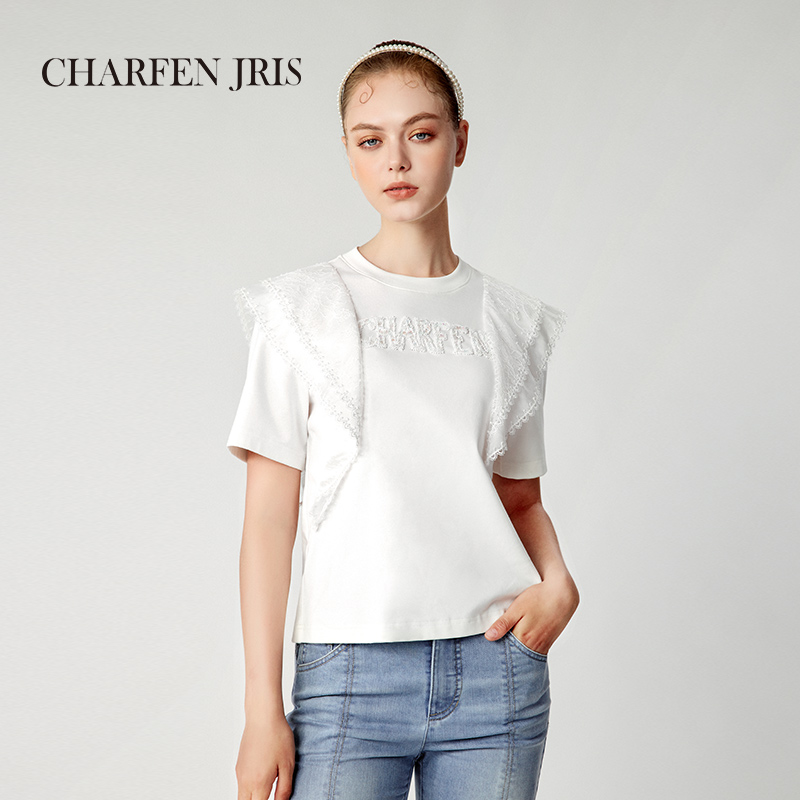 【诗语专属】朝峰春夏季新款百搭白色荷叶针织上衣FJE2H670-6099B