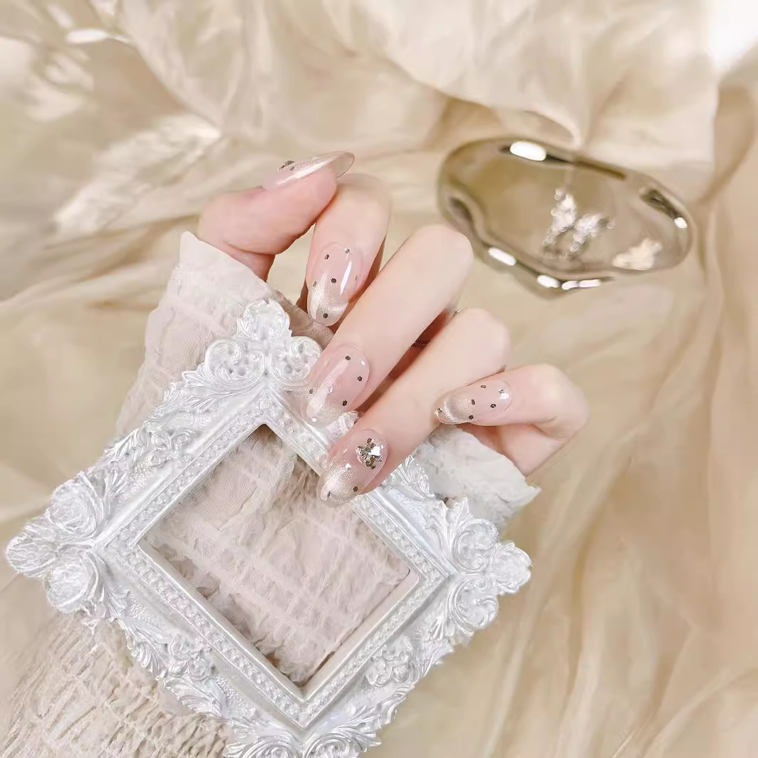 穿戴甲赫本晚宴短椭圆猫眼镶钻10片分码纯手工光疗美甲片F04-LXMZ