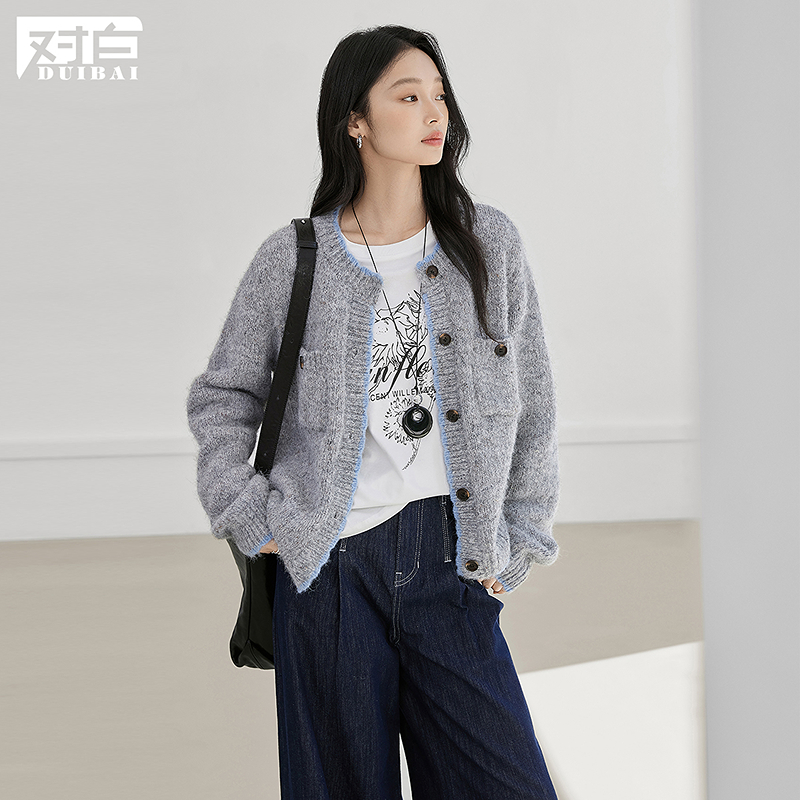 D01对白复古撞色钩花毛衣开衫女宽松针织外套FDE163