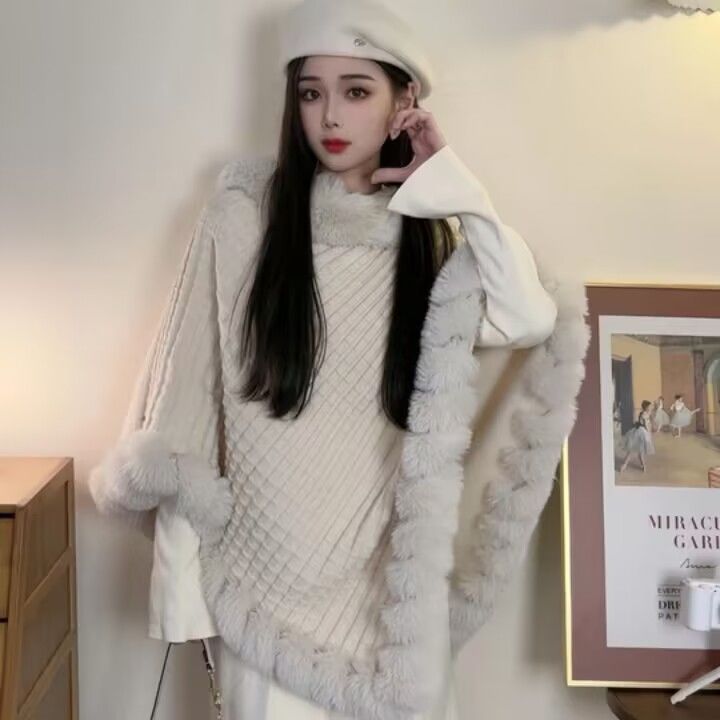 纯色毛领格纹三角款套头针织披肩女秋冬时尚复古气质百搭保暖斗篷