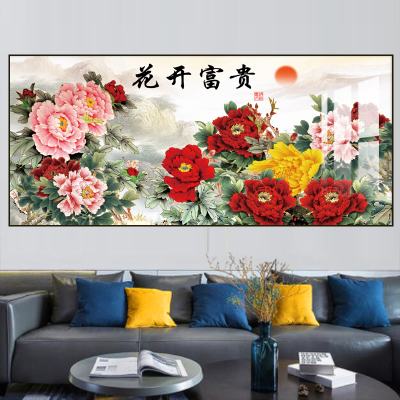 花开富贵牡丹晶瓷画客厅沙发背景墙高端大气装饰挂画