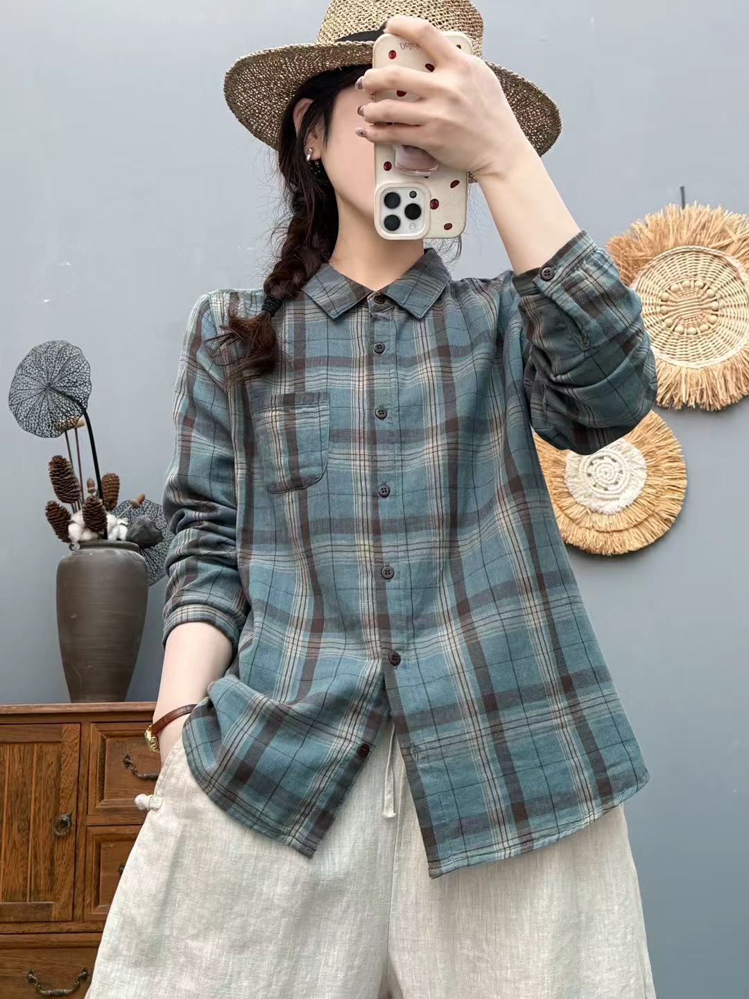 秋季新款长袖格纹单排多扣春秋长袖POLO领秋季衬衫文艺时尚8617