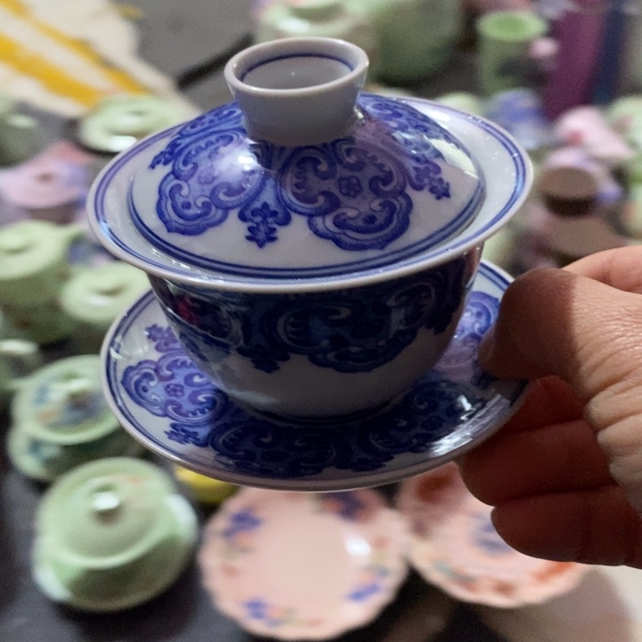 摆件陶竹溪道人青花如意纹三才盖碗