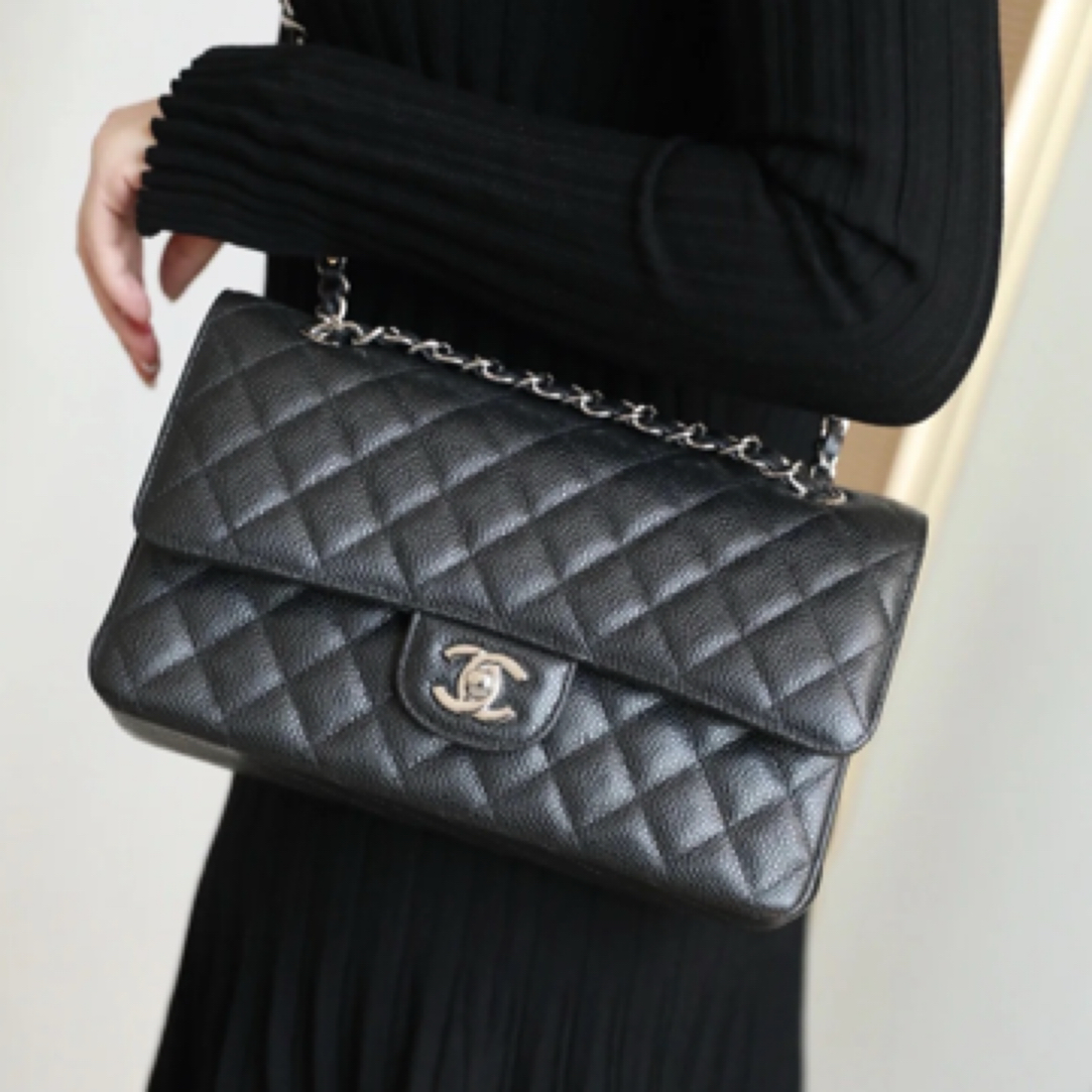 95新 Chanel/香奈儿 黑银cf中号荔枝皮15开单肩包/24062 经典时尚