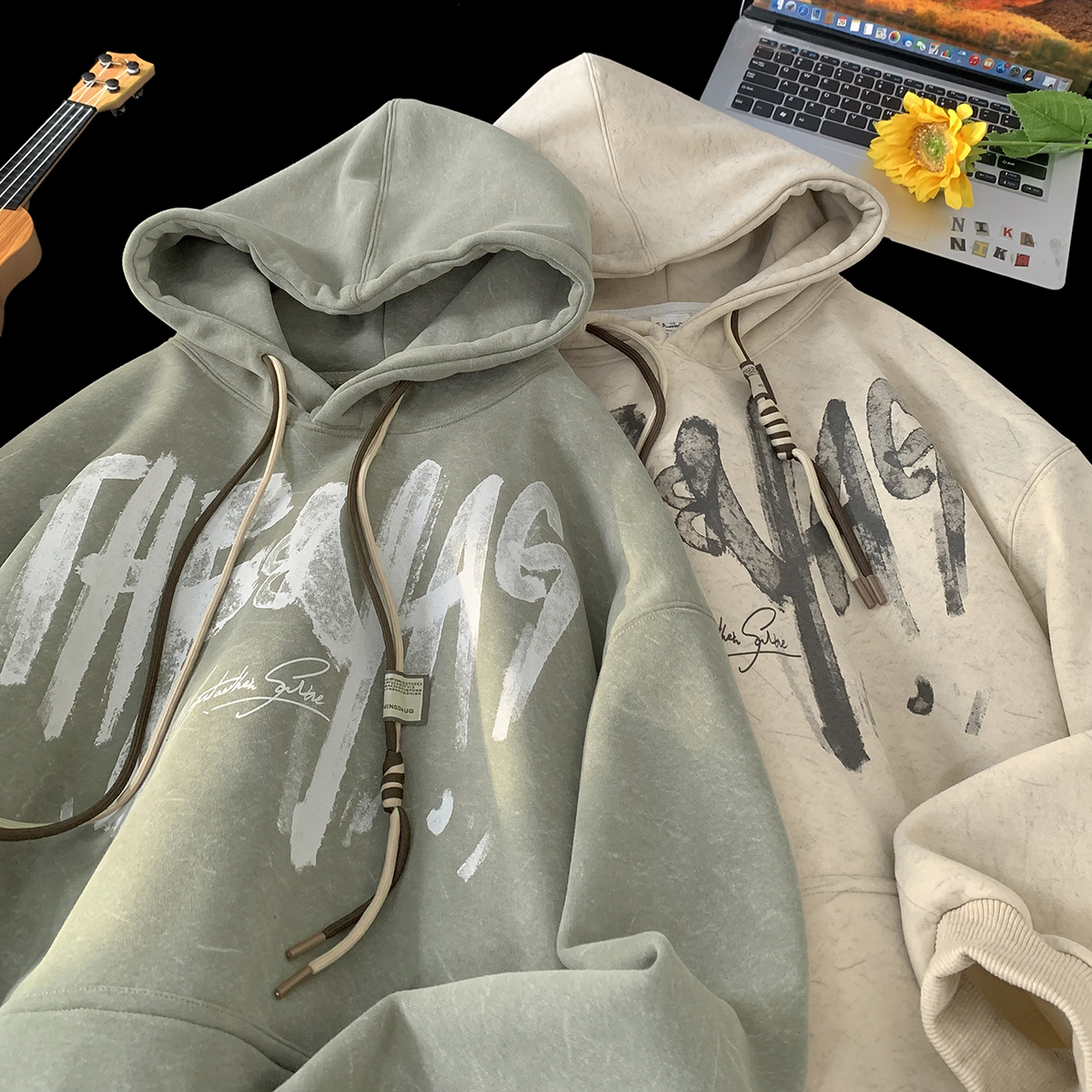 主推款  大码秋季重磅高品质涂鸦砂洗做旧连帽卫衣JF24-特