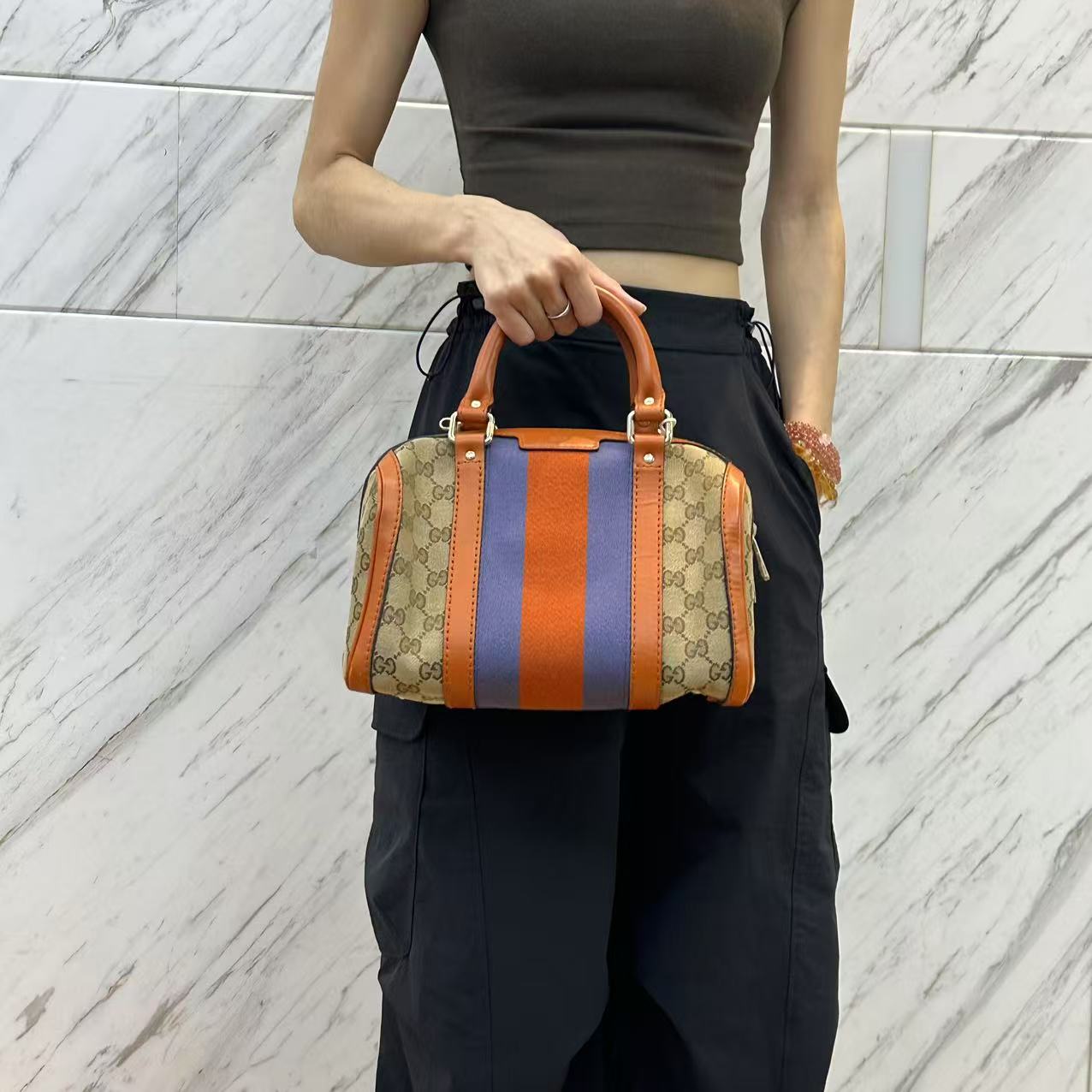 99新 GUCCI/古驰 老花波士顿拼橙色条纹手提包/云海优选/H21128