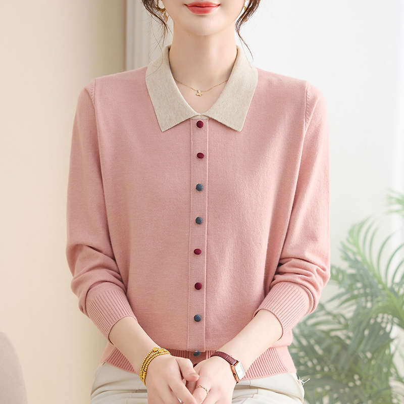 妈妈秋冬新款翻领纯色上衣服套头打底小衫中年女长袖减龄毛衣T恤