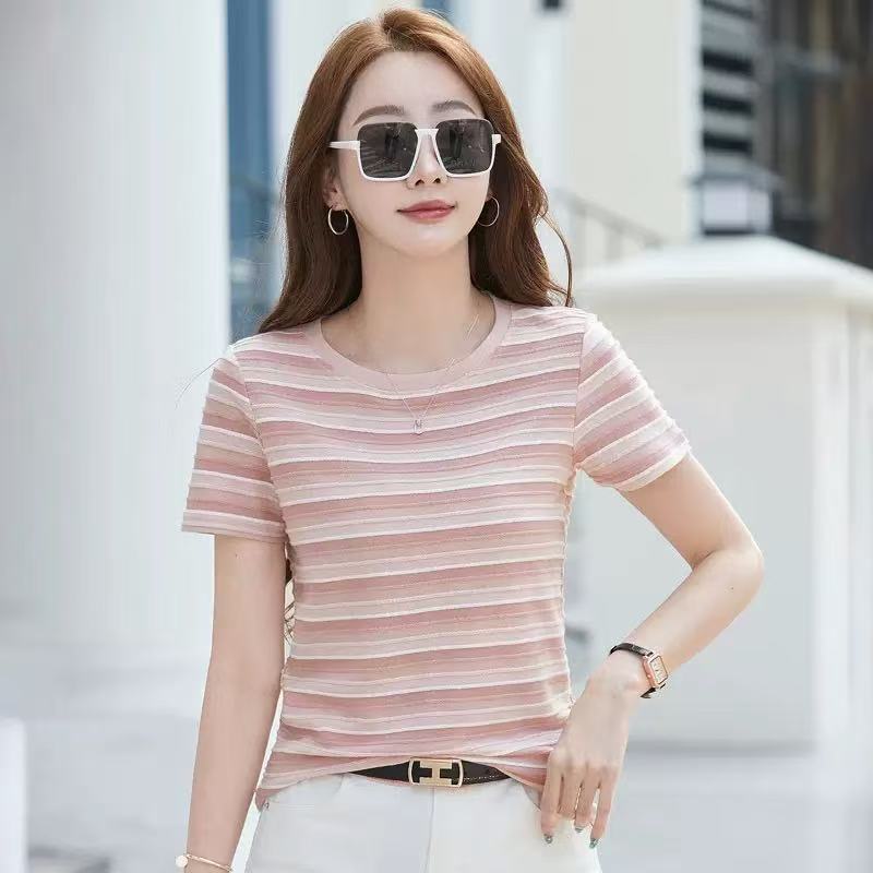 立体麻花织带条纹夏季显瘦甜美小清新圆领T恤短袖上衣