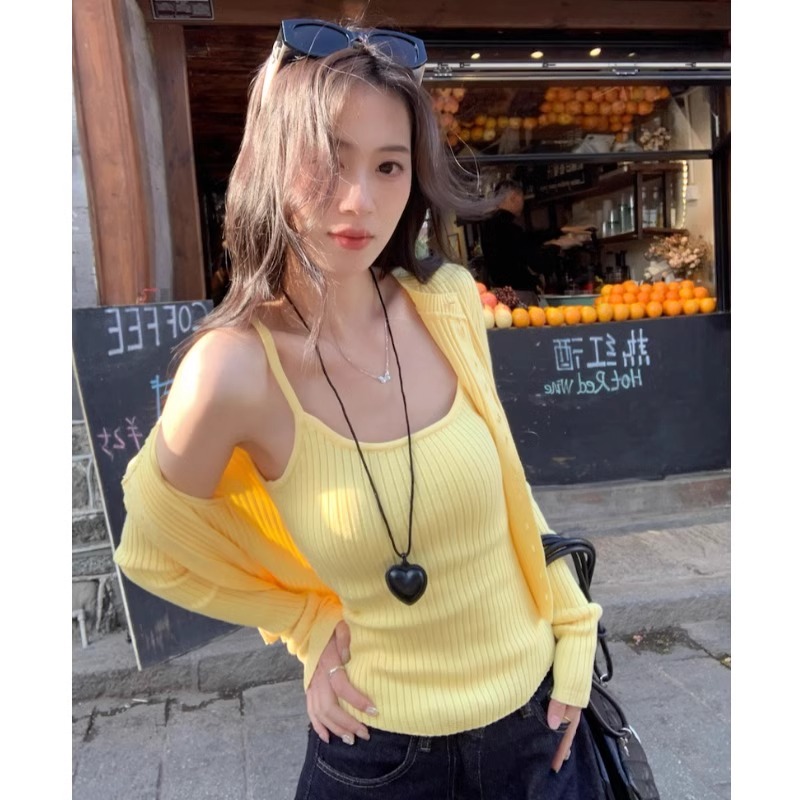 辣妹黄色吊带背心女多巴胺防晒针织开衫上衣两件套装百搭小众