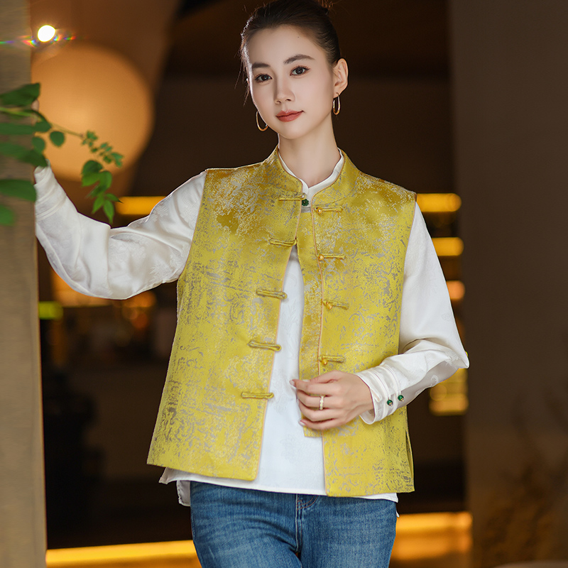 【凤凰与飞】黄色新中式马甲女2025秋款国风提花缎面坎肩国风马甲