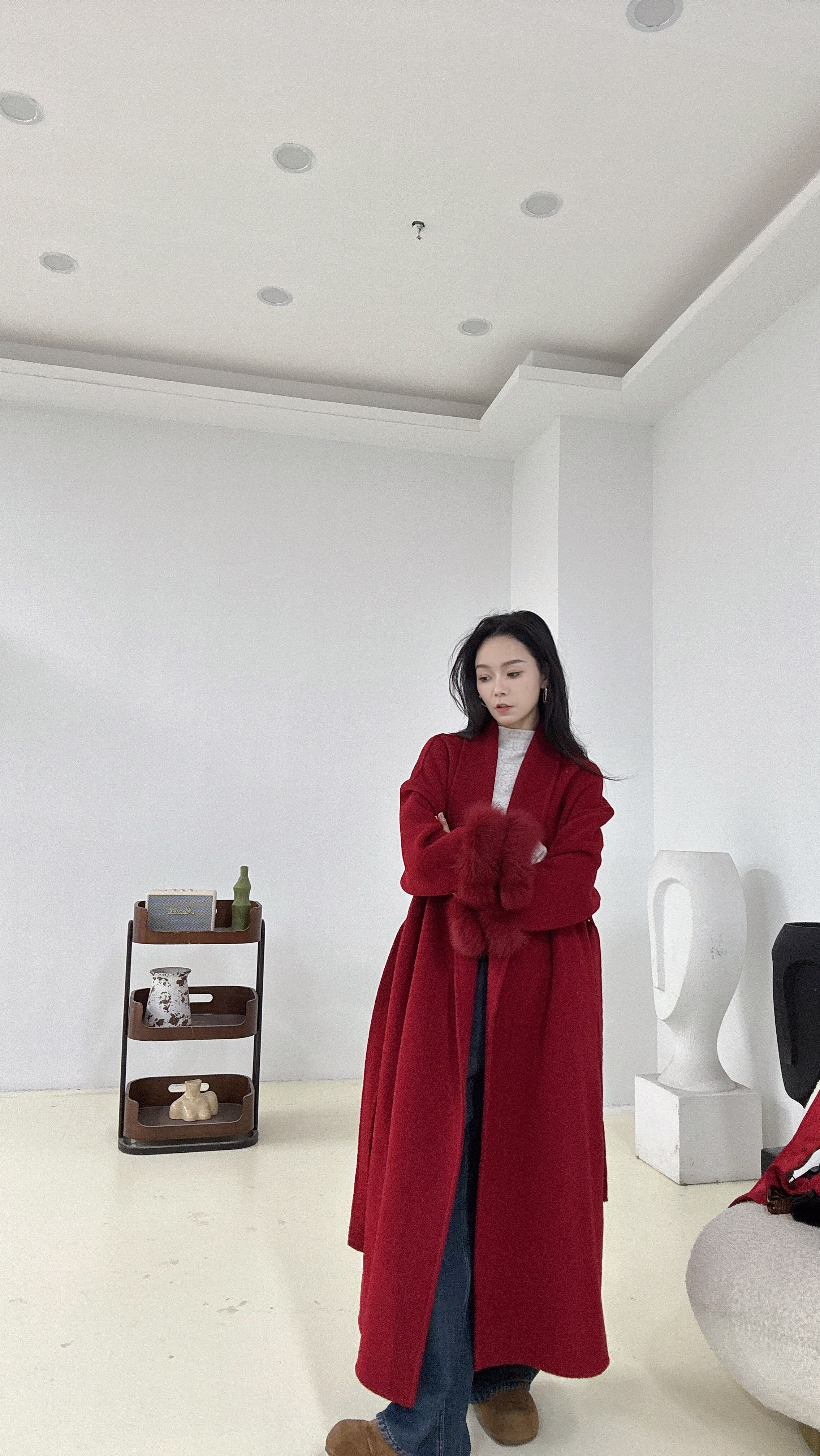 ZIKUO/紫阔【敬酒-本命服】高品质红色狐狸毛双面羊毛长款大衣6035