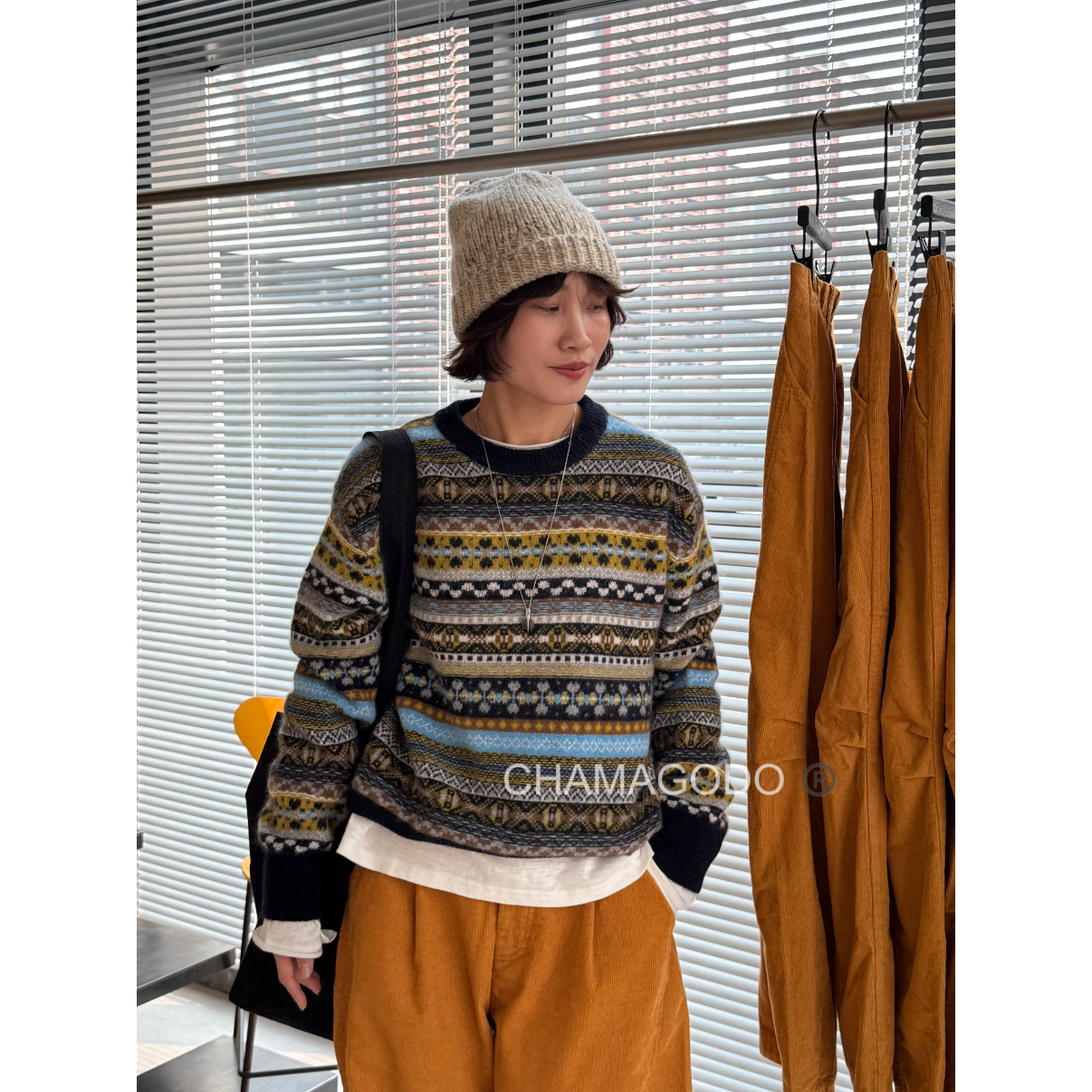 CHA MA GO DO11406秋冬氛围感费尔岛彩条圆领套头毛衣