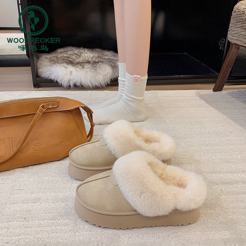 啄木鸟2025新款雪地靴女冬季皮毛一体加绒厚底保暖外穿包头半拖鞋