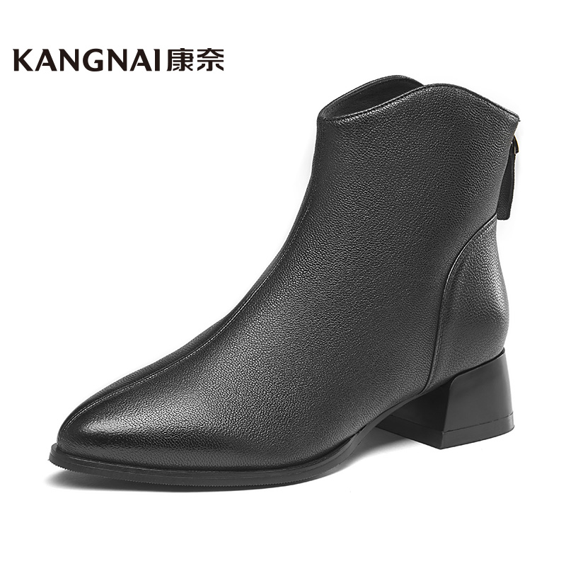Kangnai/康奈38017专柜正品冬粗跟尖头羊皮短靴时尚舒适拉链女靴