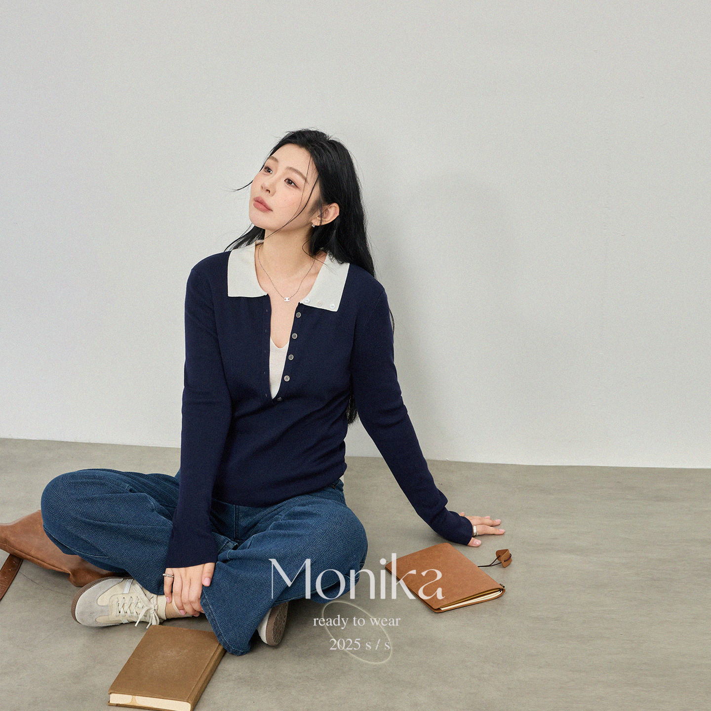 大码撞色V领长袖针织衫女装秋季遮肉显瘦上衣+牛仔裤15566+18153