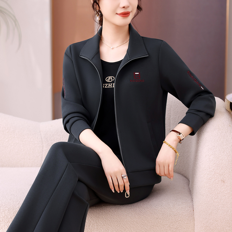 恩狐妈妈秋季新款三件套时尚宽松开衫休闲运动套装中老年女装