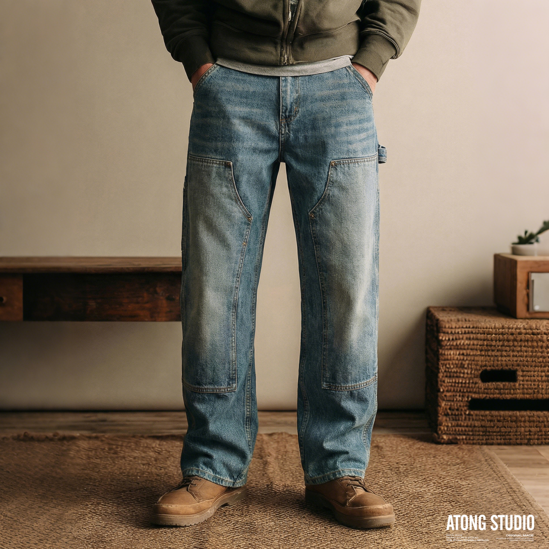ATONG阿瞳 15.5oz美式复古B73版型双膝直筒重磅做旧工装牛仔裤冬