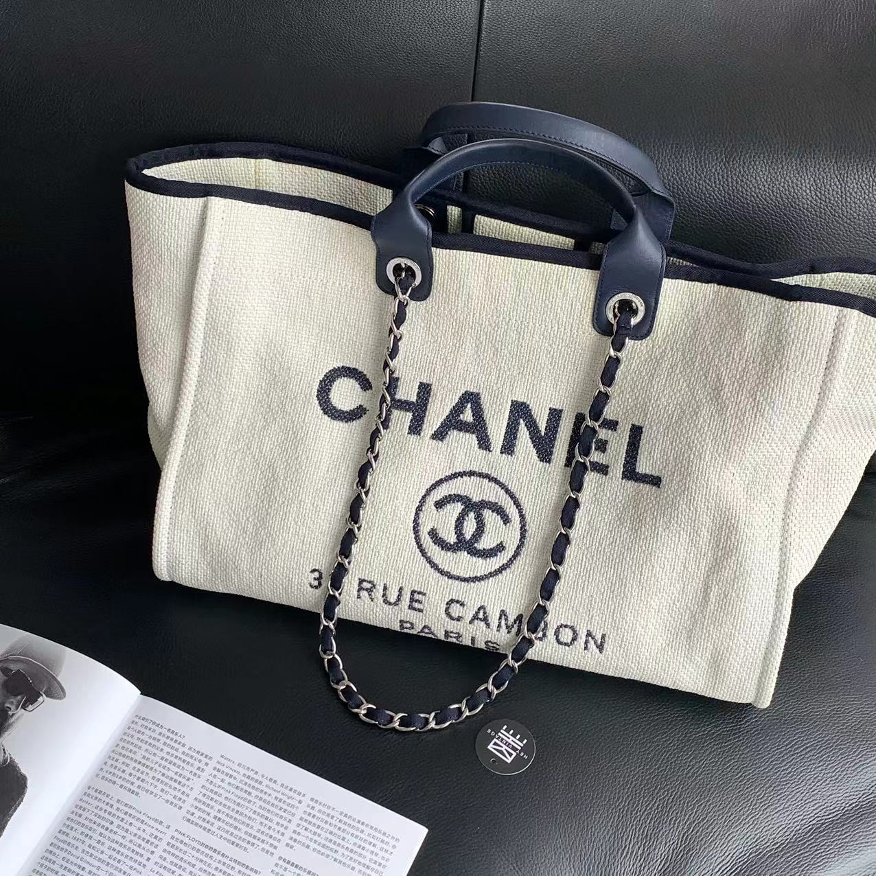 95新 Chanel/香奈儿 蓝白拼色沙滩托特包 大号24开 44cm 14082199