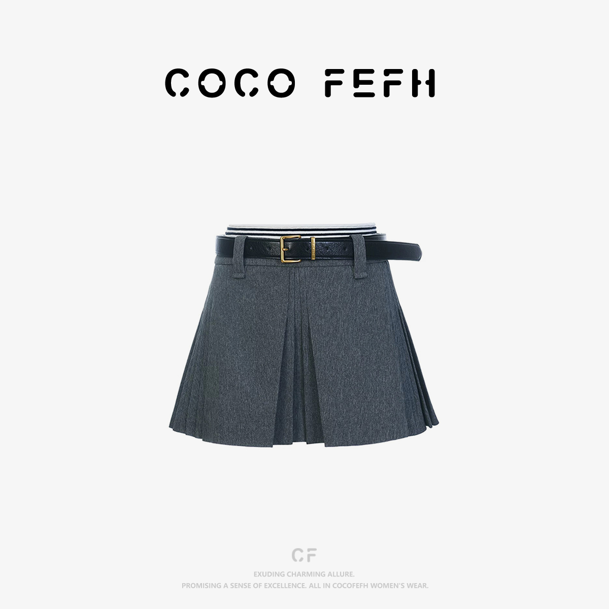 COCO FEFH【半身裙】26早春新品A字廓形罗纹腰饰半裙百褶裙Z8374