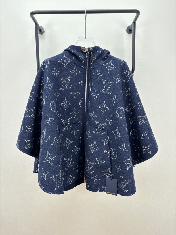 未使用 LouisVuitton/路易威登 深蓝色羊毛连帽斗篷-1361