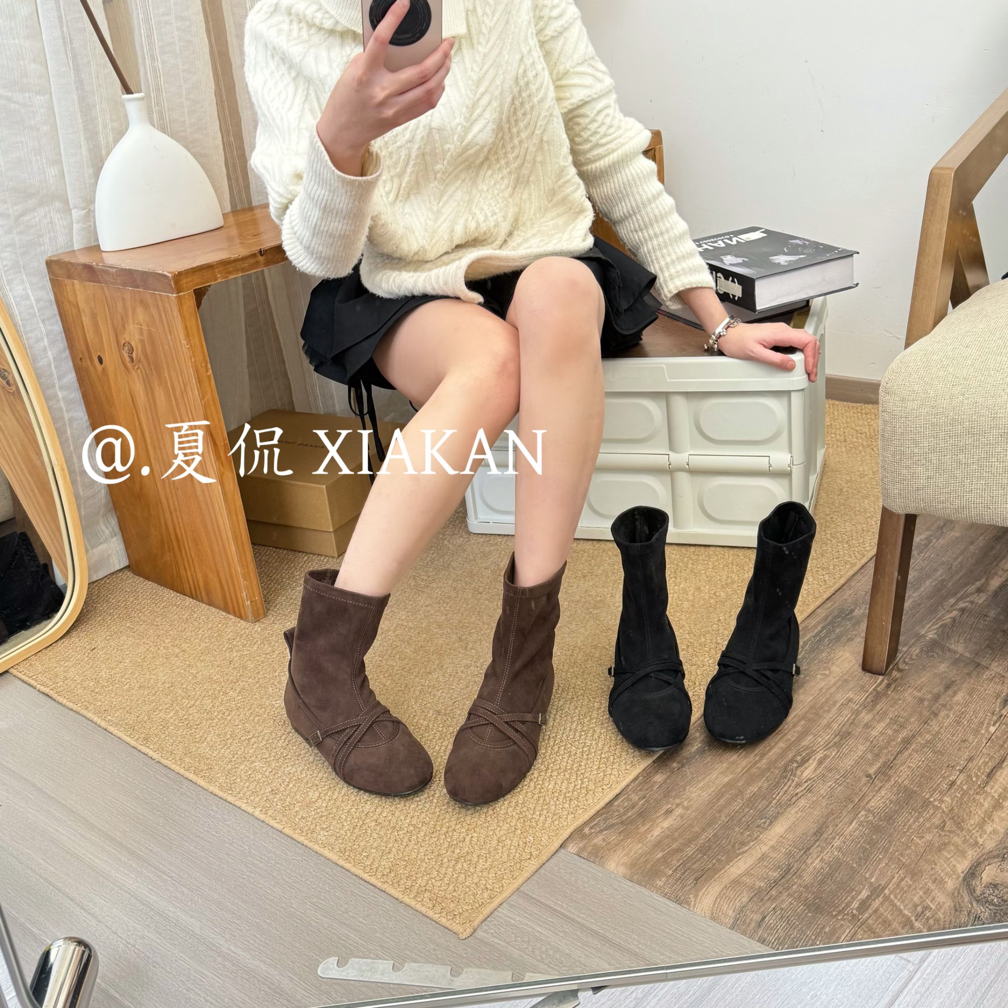  夏侃【FANGXIANG】新款圆芭蕾靴交叉底瘦瘦靴女短靴韩版百搭袜靴