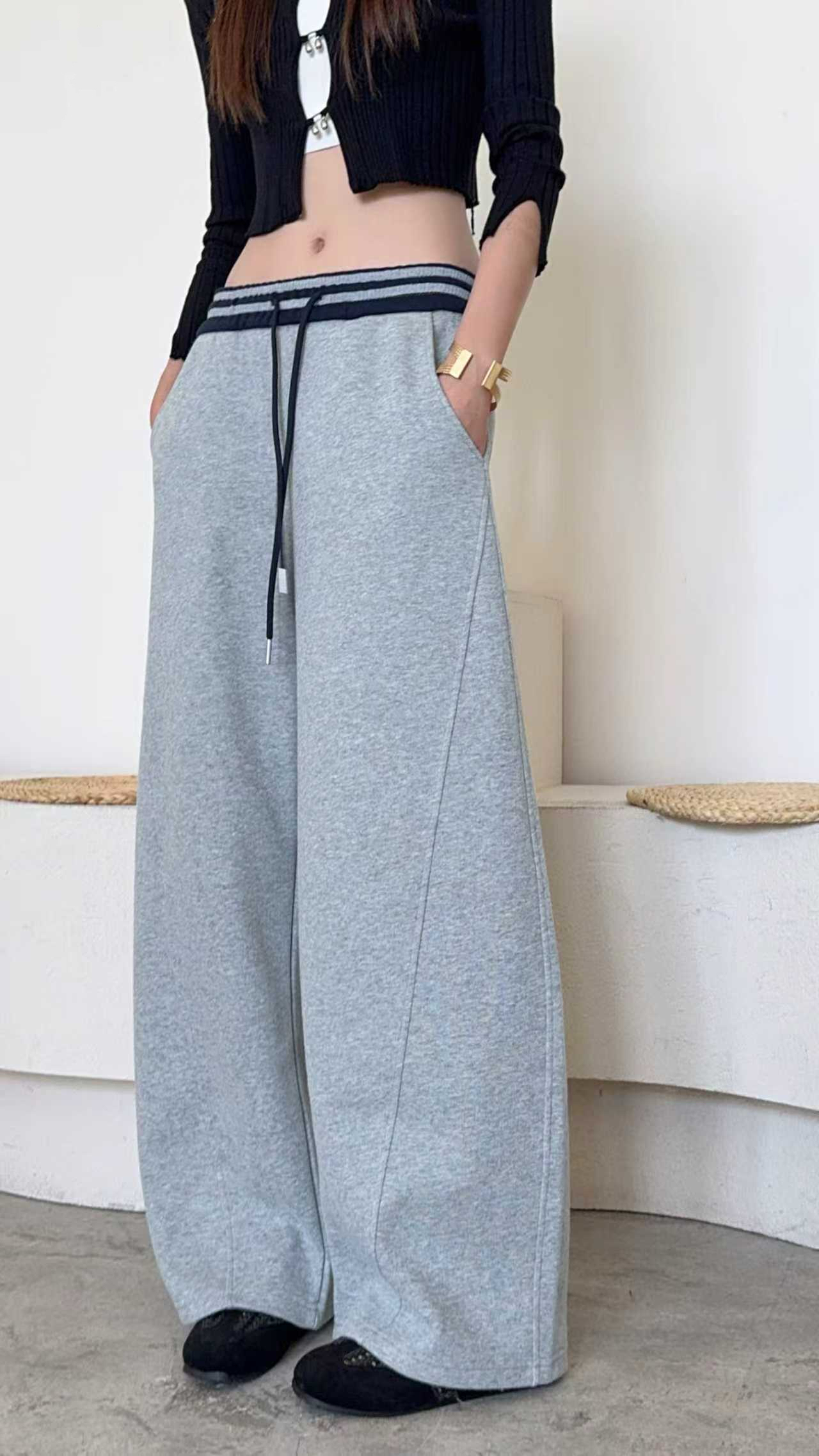 春秋季新款运动小众风拼接针织罗文腰长裤【25826】