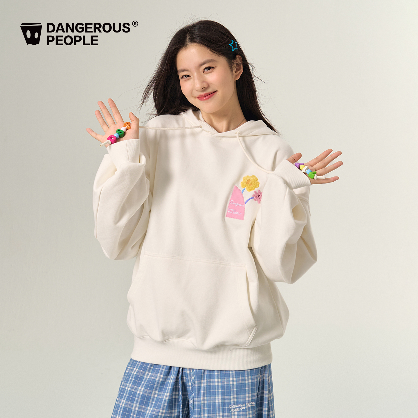 Dangerouspeople薛之谦dsp小眼睛花朵刺绣连帽卫衣潮牌宽松上衣