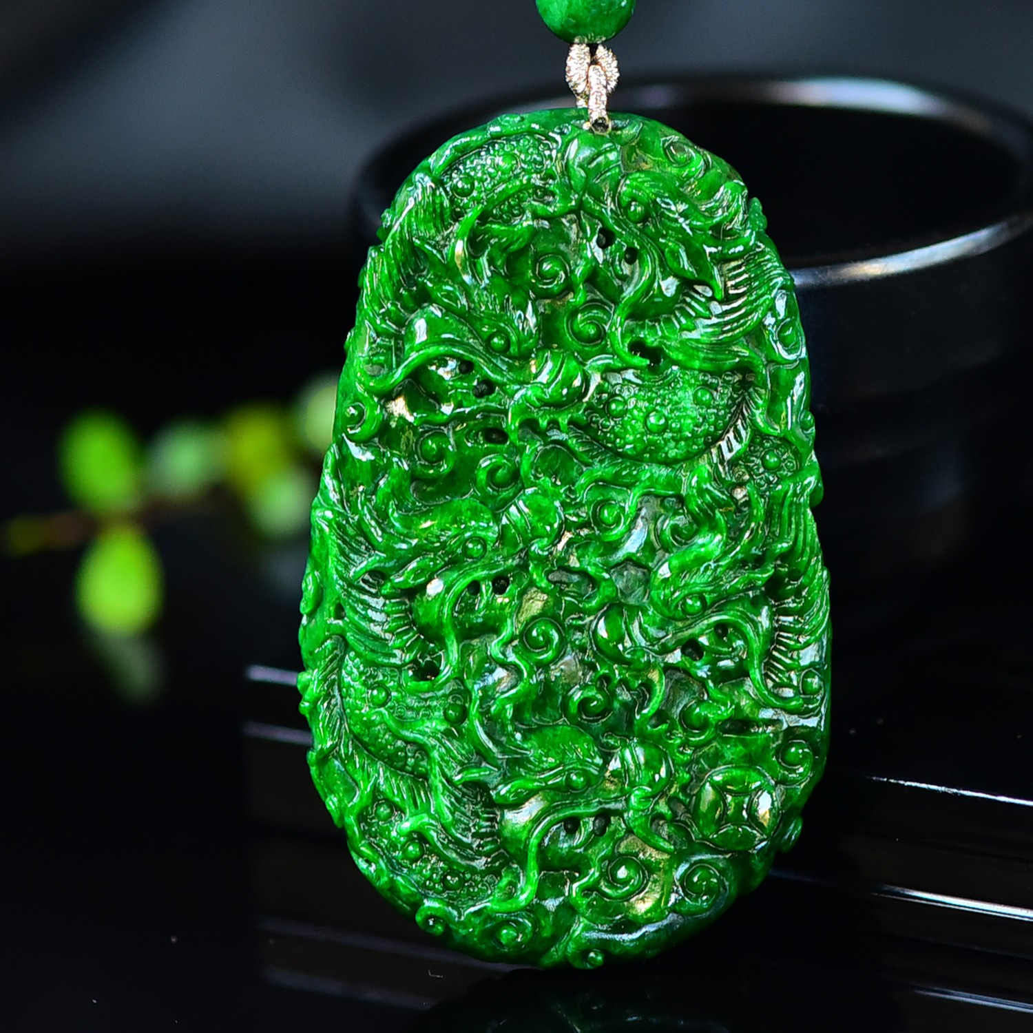 天然A货翡翠花青满辣色九龙护主设计款毛衣链