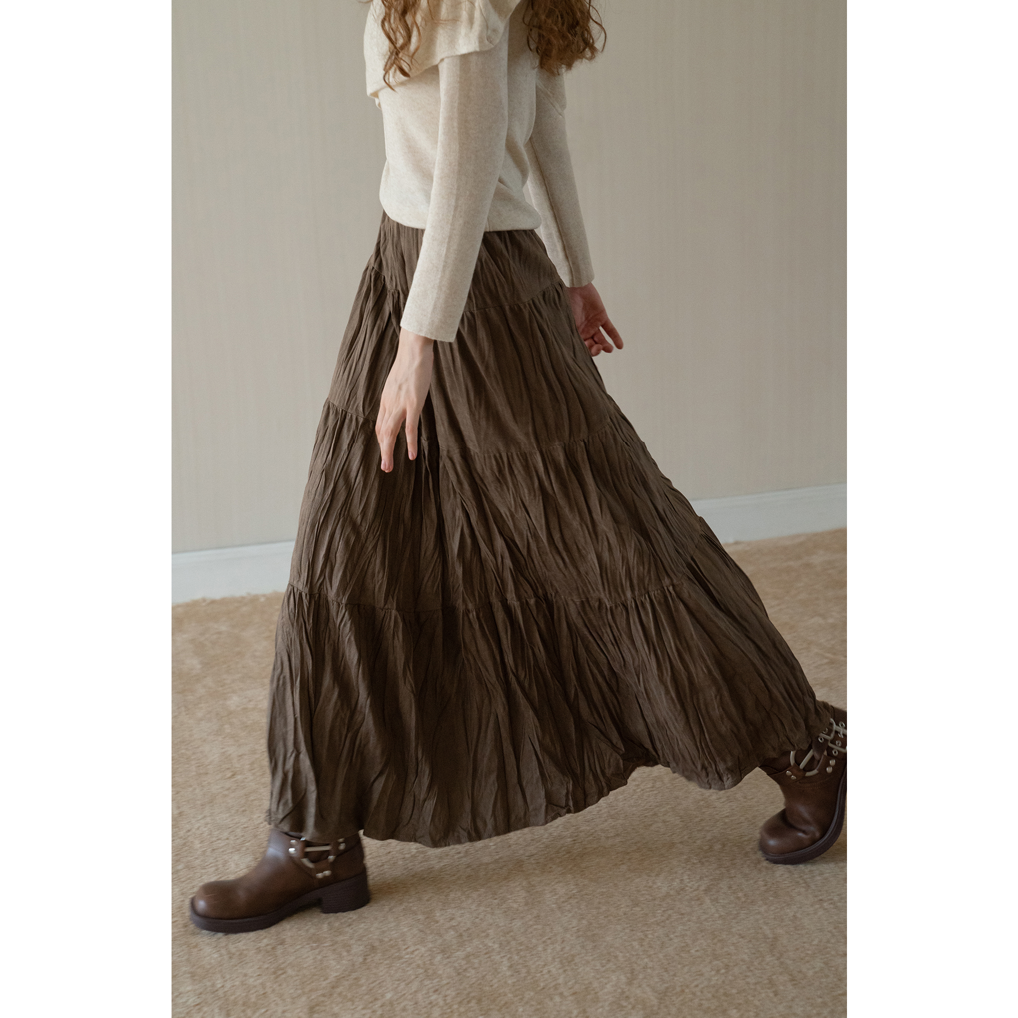 EGGKA绒面褶皱松紧腰半身裙垂感法式复古通勤E25B30141AF