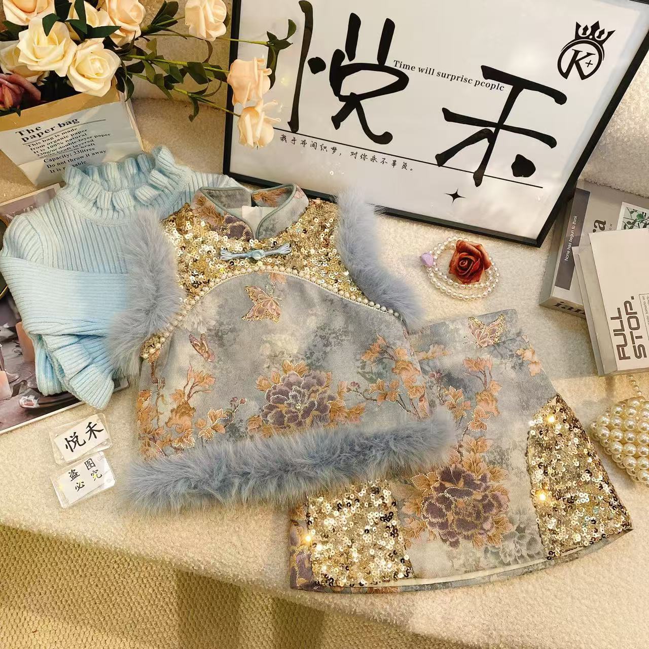 T2【悦禾】萌娃冬装花骨朵新年国风蝴蝶女童加厚盘扣拜年服套装6474