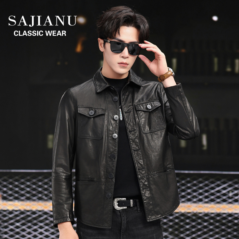 海宁真皮皮衣男皮夹克男款修身新款衬衫冬季休闲小牛皮外套男士