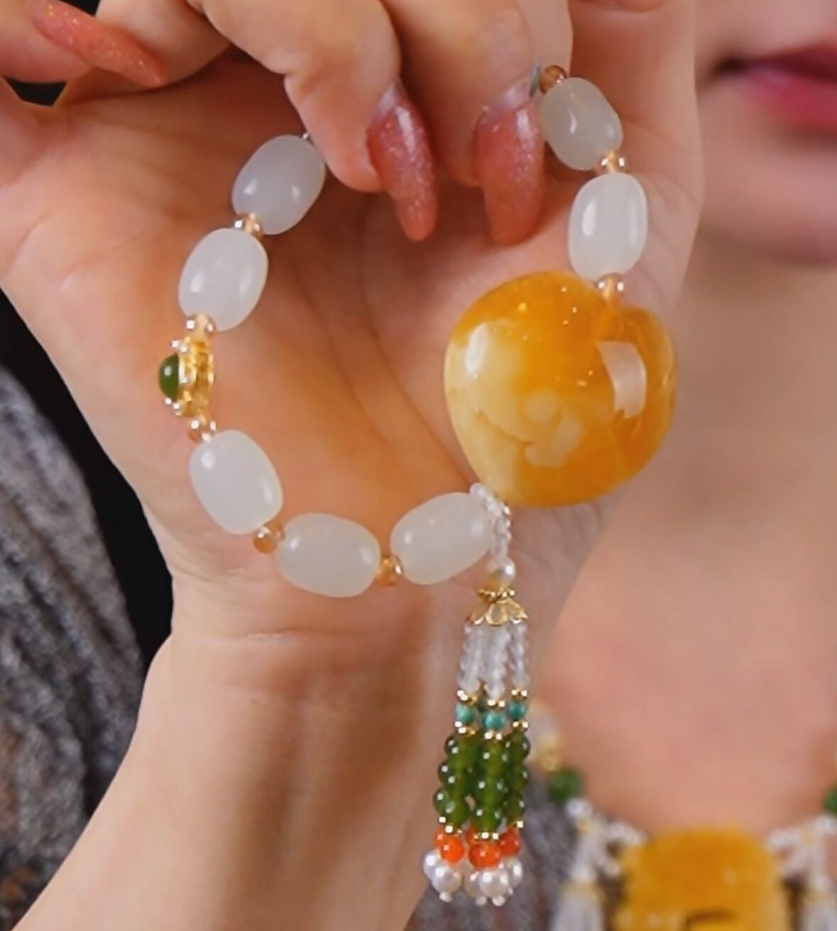 【宇涵珠宝】蜜蜡大爱心DIY白玉手链-多样性发