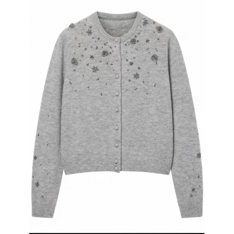 043【鄂*】针织毛针织衫圆领直排扣针织开衫毛衫印花上衣