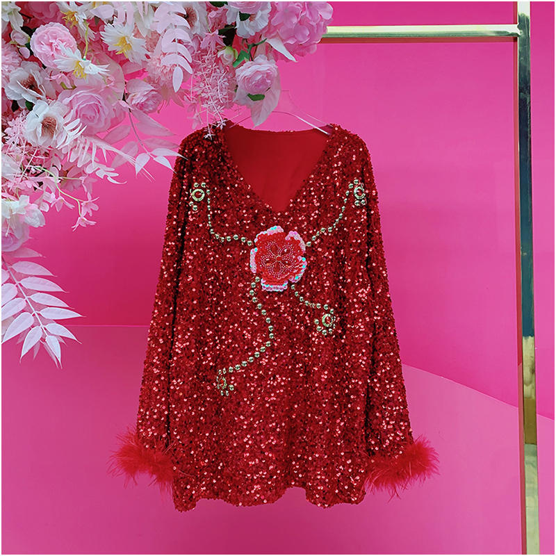 A5190欧美设计师2025冬季新款重工刺绣亮片钉钻宽松拼羽毛休闲T恤