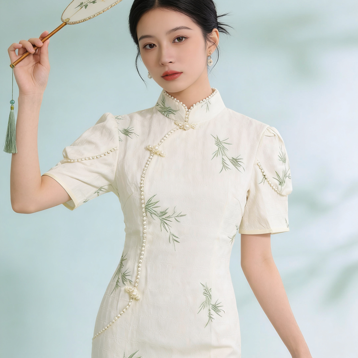 【3052 珍珠边 富贵竹  绣花】显瘦气质修身优雅复古旗袍