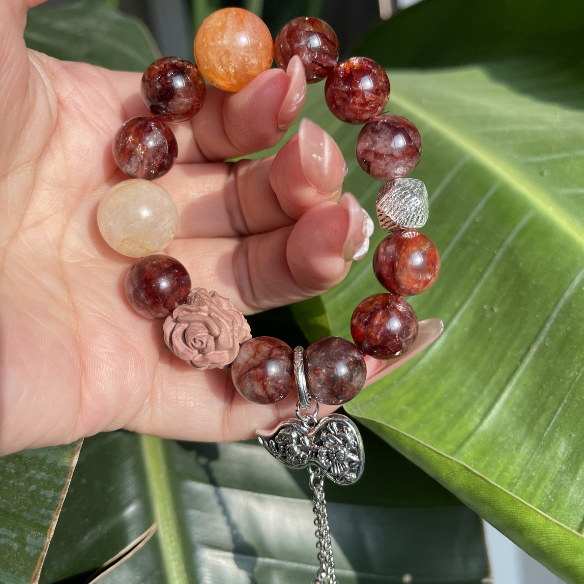 【玫瑰闪耀】新中式干枯玫瑰红胶花天然水晶设计款女款招财转运礼物