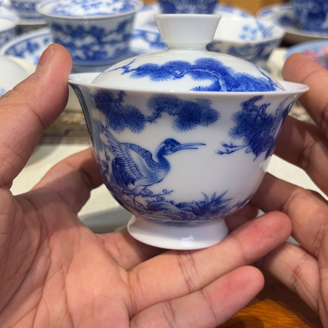 青花仙鹤盖碗一只