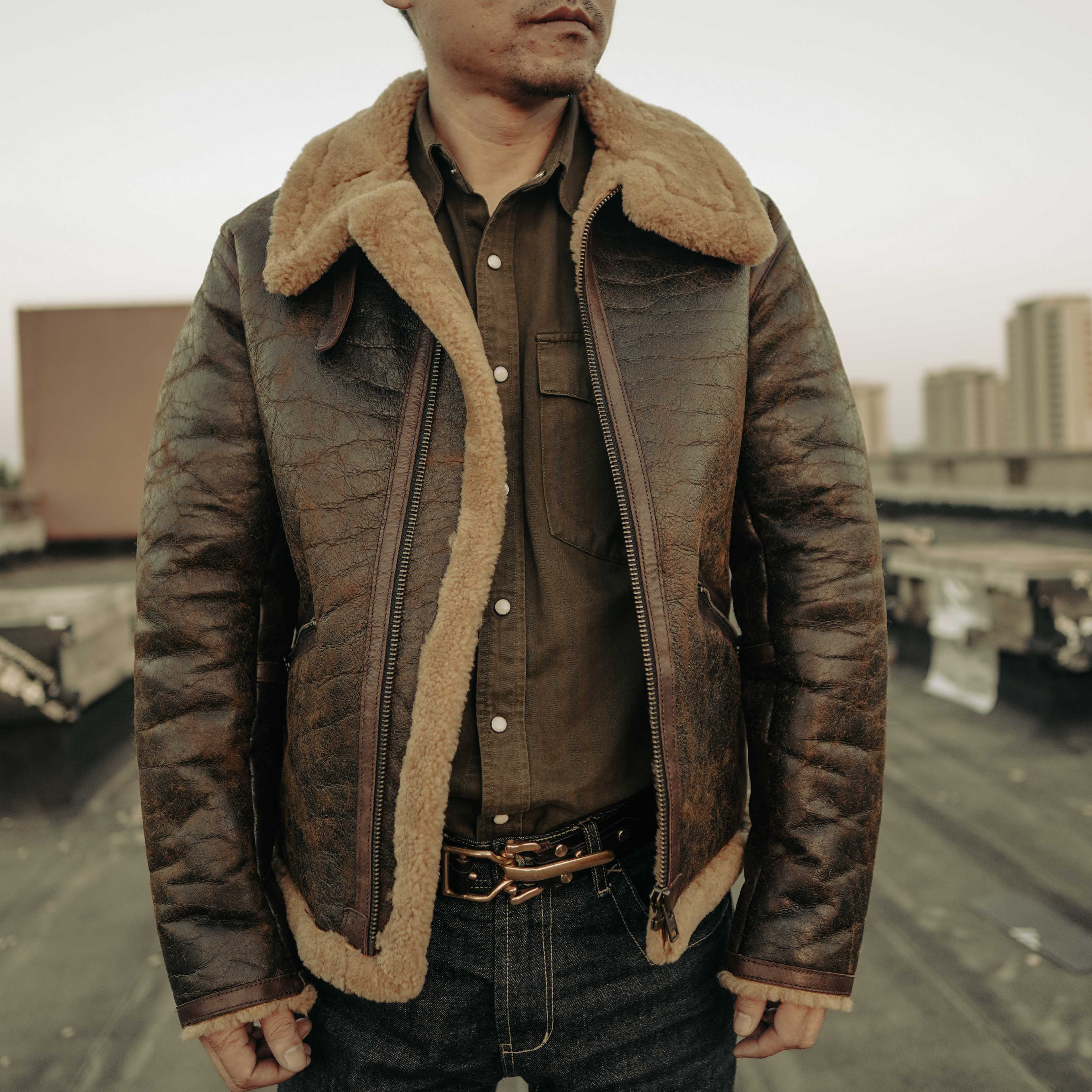 欧美男士加厚绵羊皮皮衣外套B6皮毛一体龟裂保暖冬季真皮毛