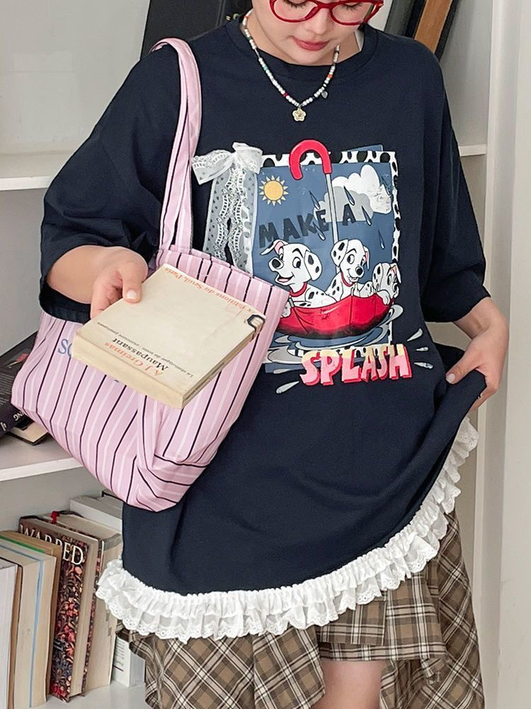 蕾丝韩版学生日系卡通动漫拼接T恤宽松短袖圆领中长款休闲